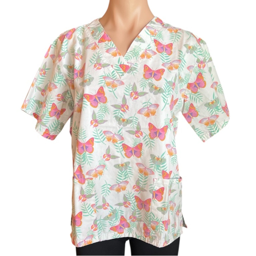 UA Scrubs Pink Butterflies Short Sleeve Scrubs Top GUC